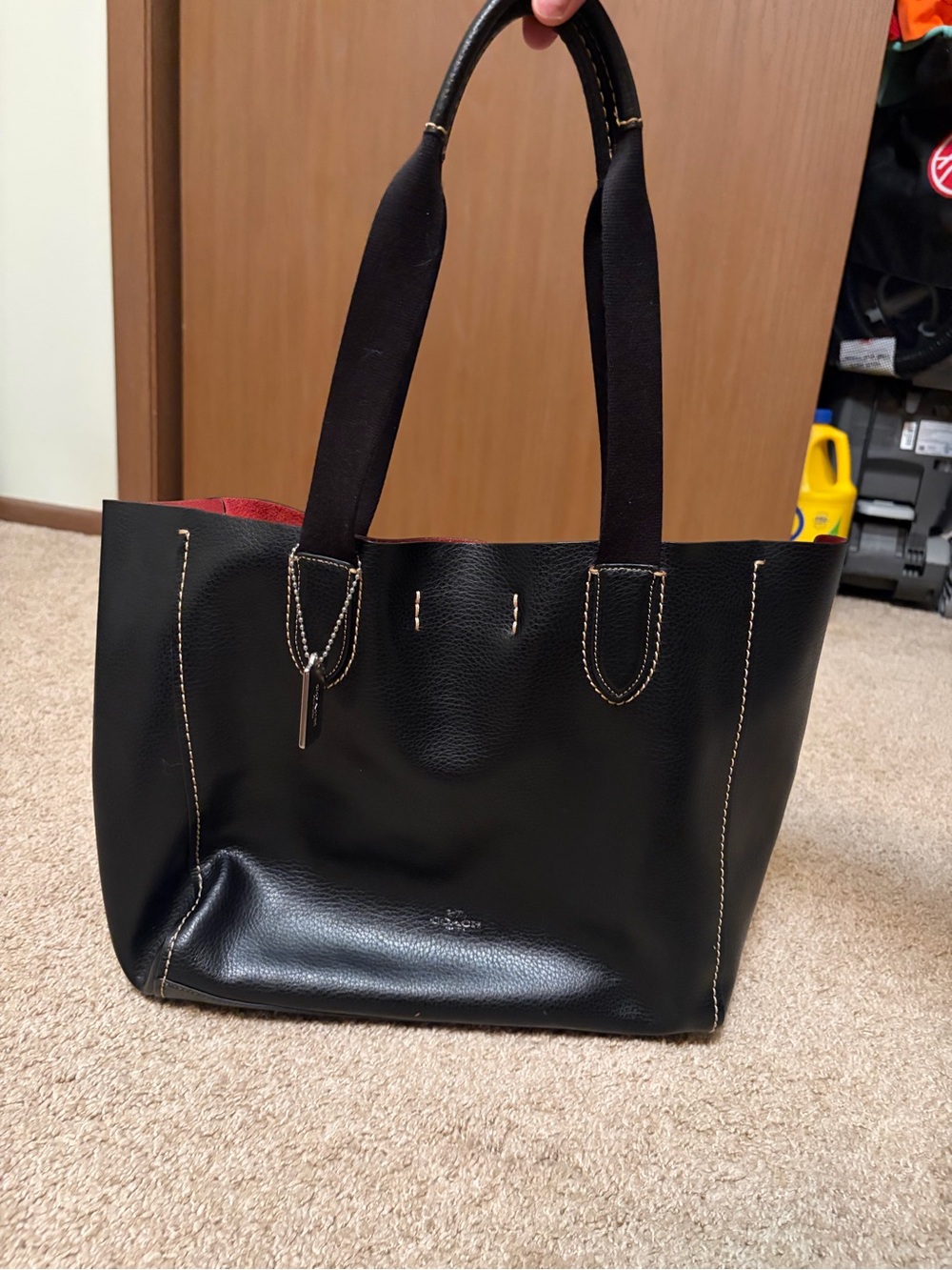 Coach Black Leather Tote with Red Interior Trim - Picture 2 of 8